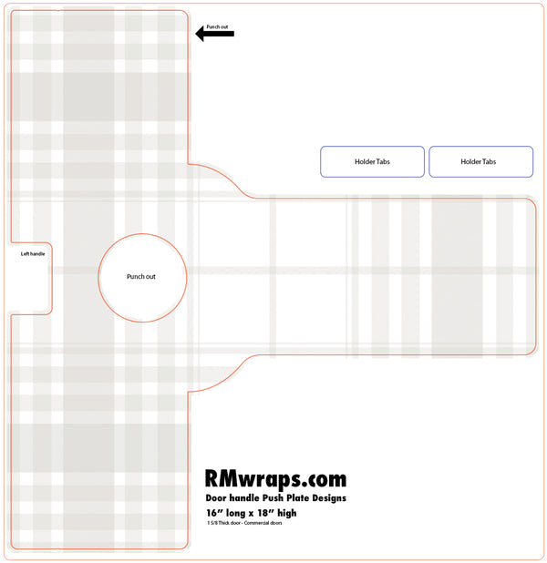 Design template for a door handle push plate with RMwraps.com branding.