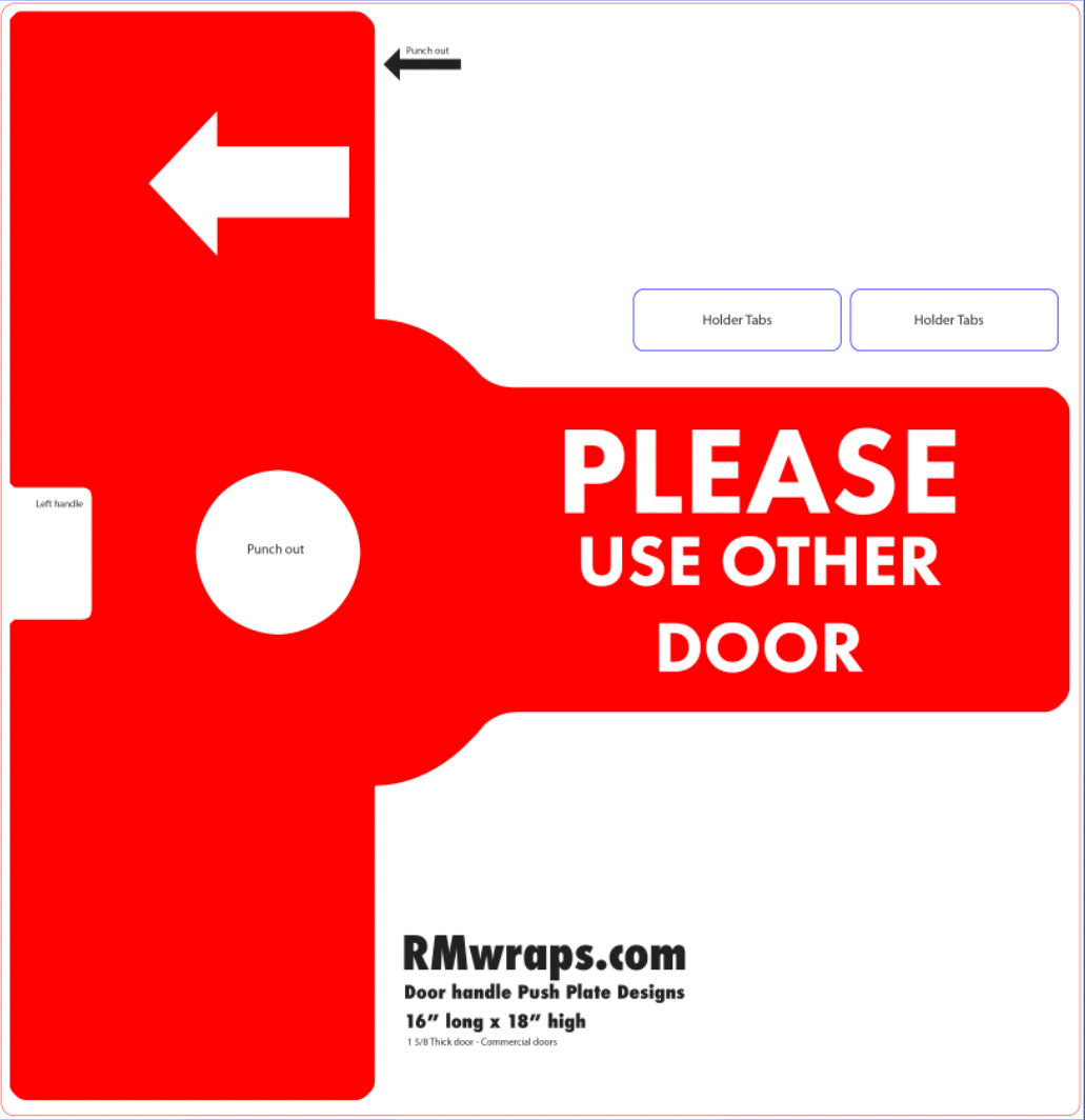 Red door handle push plate with text 'Please Use Other Door' and branding information.