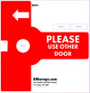 Red door handle push plate with text 'Please Use Other Door' and branding information.