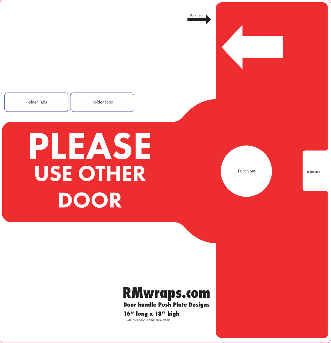 Red sign with white text and arrows, featuring 'Please Use Other Door' on a white background.