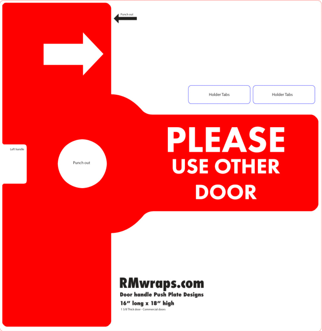 Red sign with text 'Please Use Other Door' and arrows, featuring RMwraps.com branding.