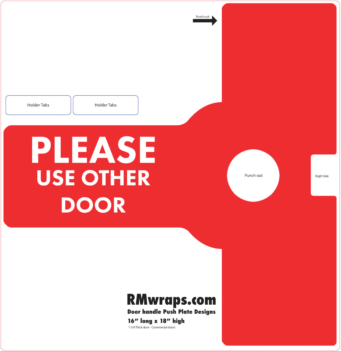 Red door handle push plate with text 'Please Use Other Door' and RMwraps.com branding.
