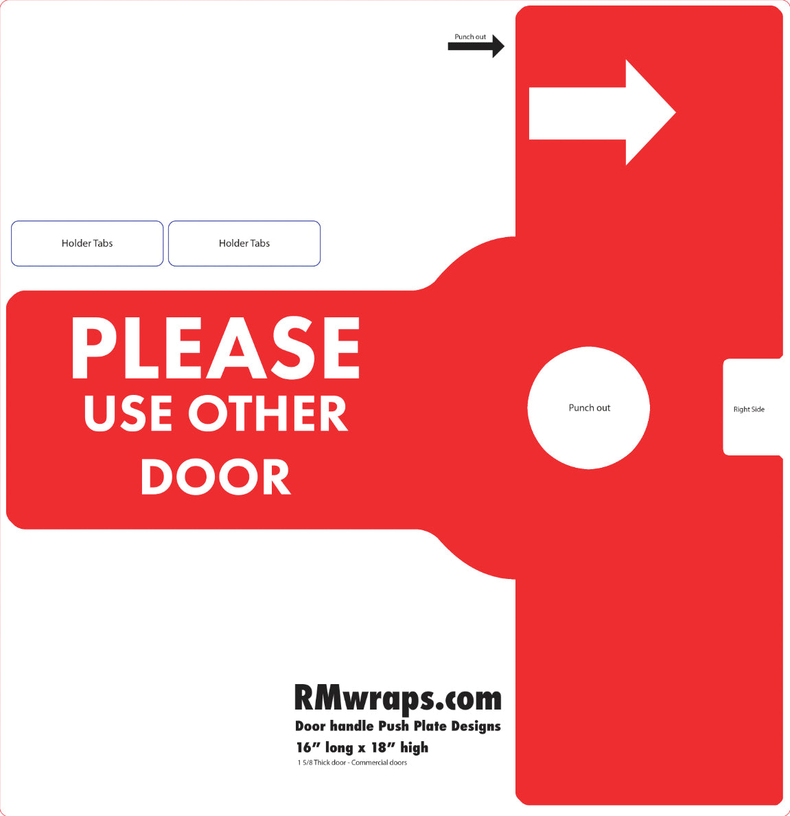 Red door handle push plate design with text 'Please Use Other Door' and branding information.