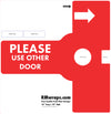 Red door handle push plate design with text 'Please Use Other Door' and branding information.