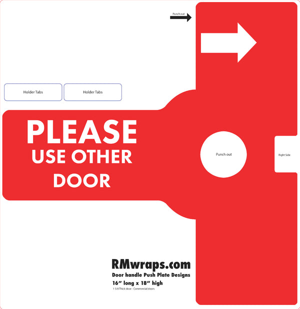 Red door handle push plate design with text 'Please Use Other Door' and branding information.