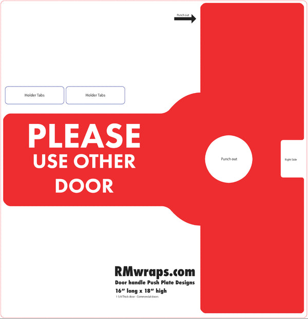 Red door handle push plate with text 'Please Use Other Door' and RMwraps.com branding.
