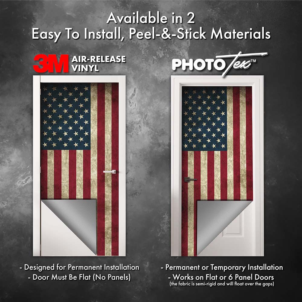 Two American flag door decal options with 3M and Phototex branding on a gray background.