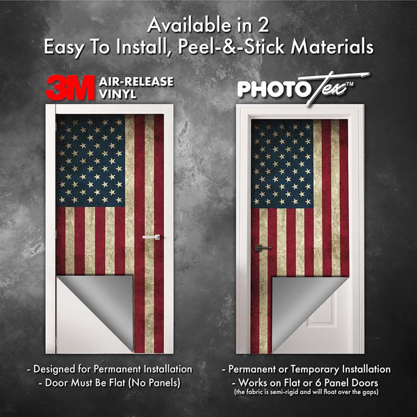 Two American flag door decal options with 3M and Phototex branding on a gray background.