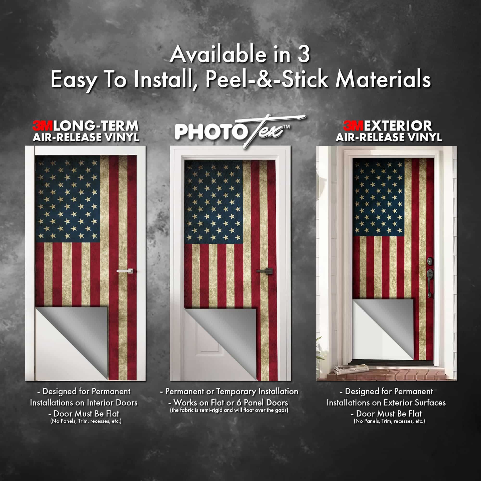 Three door panels with American flag design, featuring different vinyl types on a textured gray background.