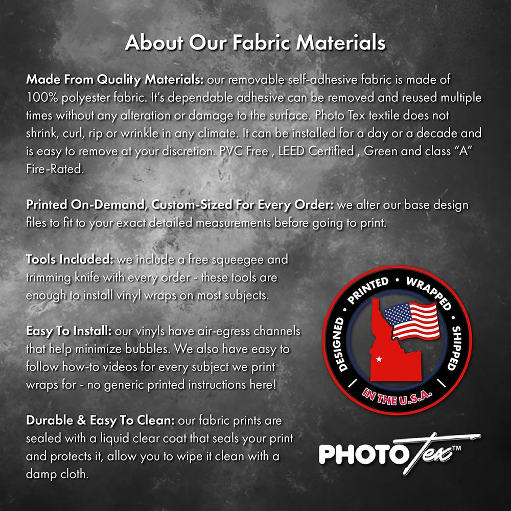 Promotional text about Photo Tex fabric materials on a dark background with the Photo Tex logo.