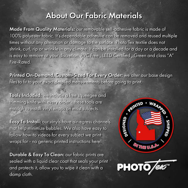 Promotional text about Photo Tex fabric materials on a dark background with the Photo Tex logo.