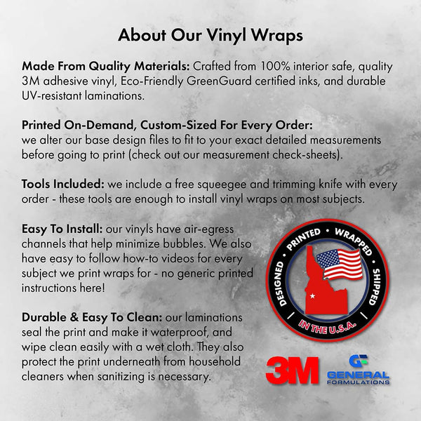 Promotional text about vinyl wraps with 3M and General Formulations logos on a gray background.