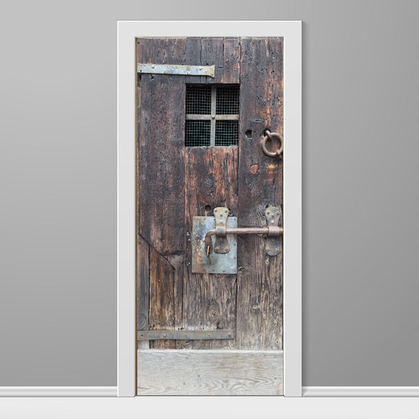 Aged Oak Door with Security Latch and Grated Windows Door wrap