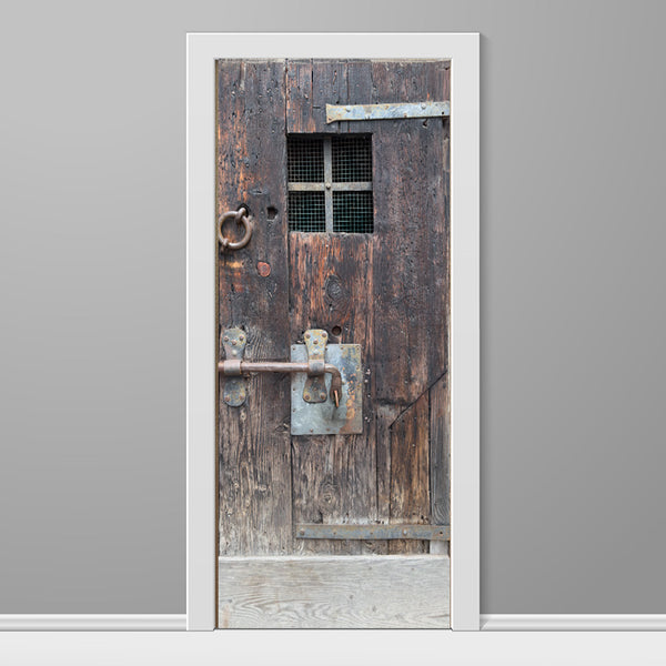 Aged Oak Door with Security Latch and Grated Windows Door wrap