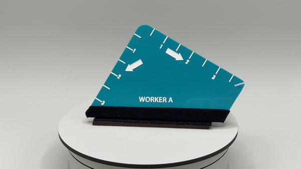 Teal rectangular card with white text and arrows on a gray background