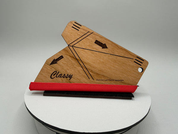 Wooden product with red base and 'Classy' branding on a white platform
