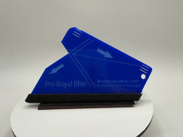 Blue squeegee with black bristle edge on a white background