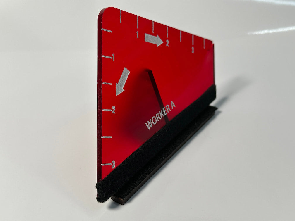 Red and black card with 'WORKER A' text on a white background