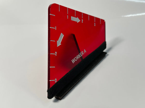 Red and black card with 'WORKER A' text on a white background
