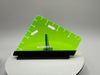 Green triangular ruler with measurement markings on a gray background