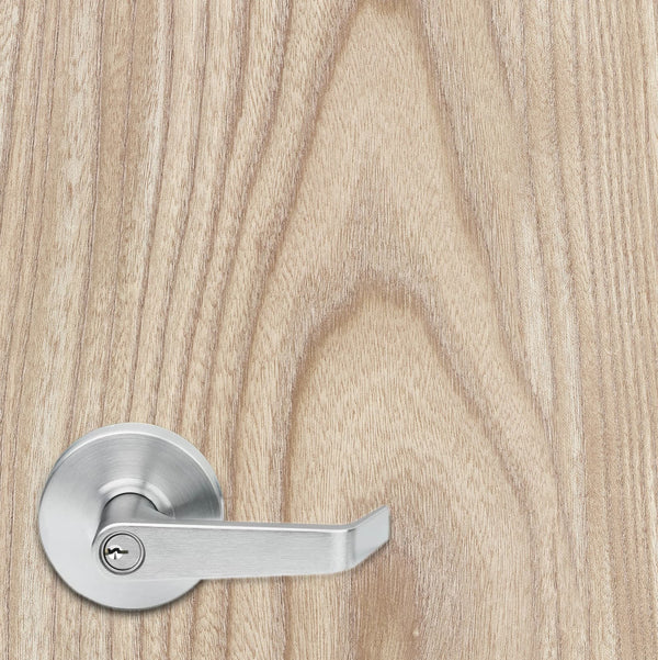 Metal door handle on a wooden door