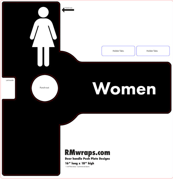 Women's restroom sign with black and white design on a white background