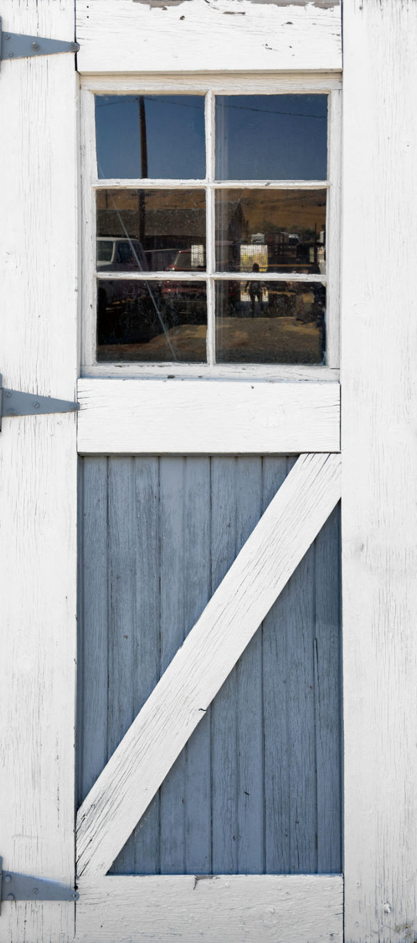 Wooden door with a window panel and blue and white design