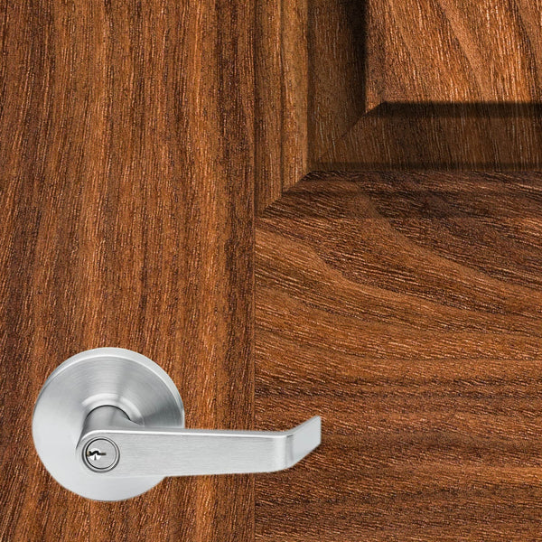 Silver door handle on a wooden door