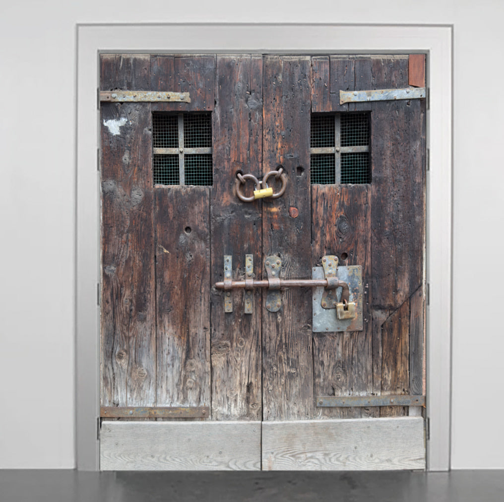 Aged Oak Door with Security Latch and Grated Windows Door wrap