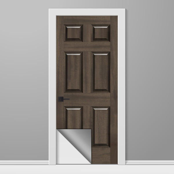 Wooden door with a white frame on a gray background