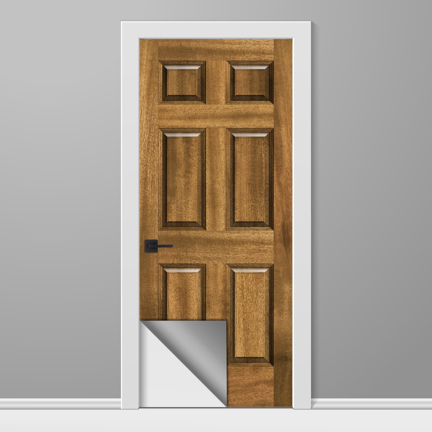 Wooden door with a white frame on a gray background