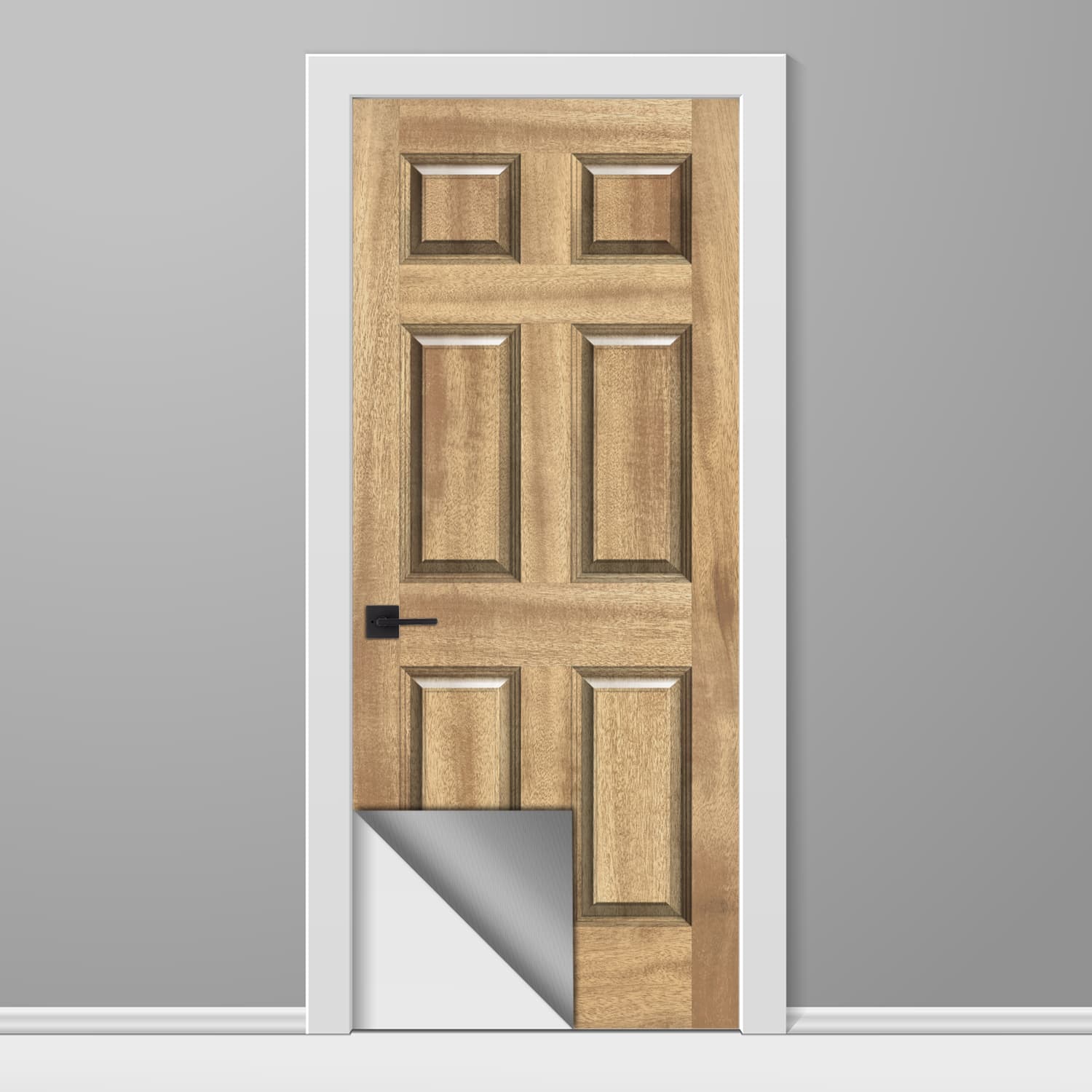 Wooden door with a reflective strip on a gray background
