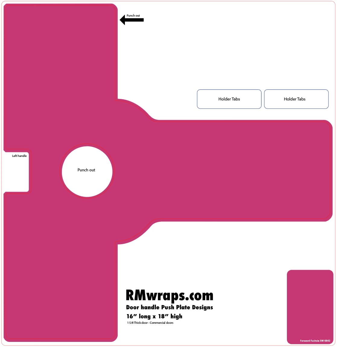 Pink door handle push plate design template with 'RMwraps.com' branding on a white background.