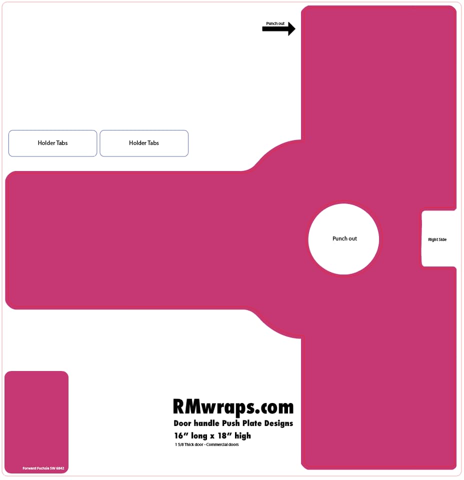 Pink door handle push plate design template with 'RMwraps.com' branding on a white background