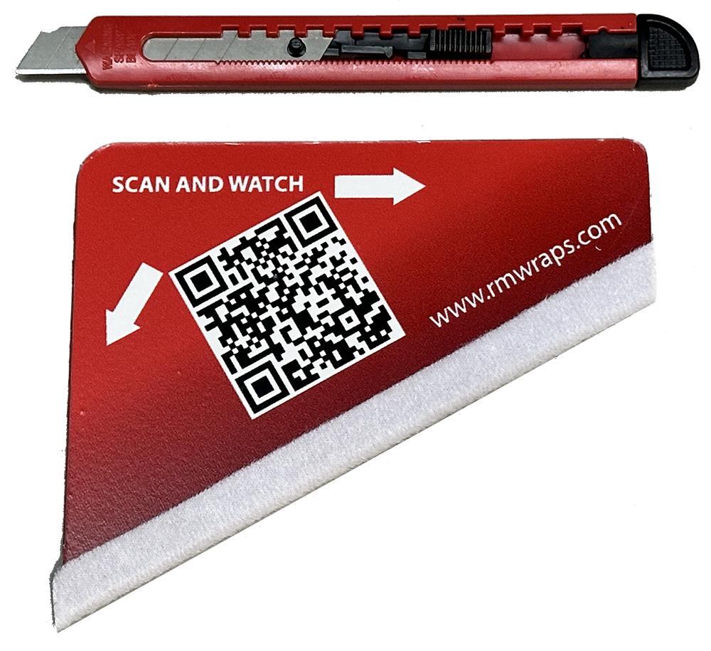 Red car wrap tool with QR code and website URL on a white background