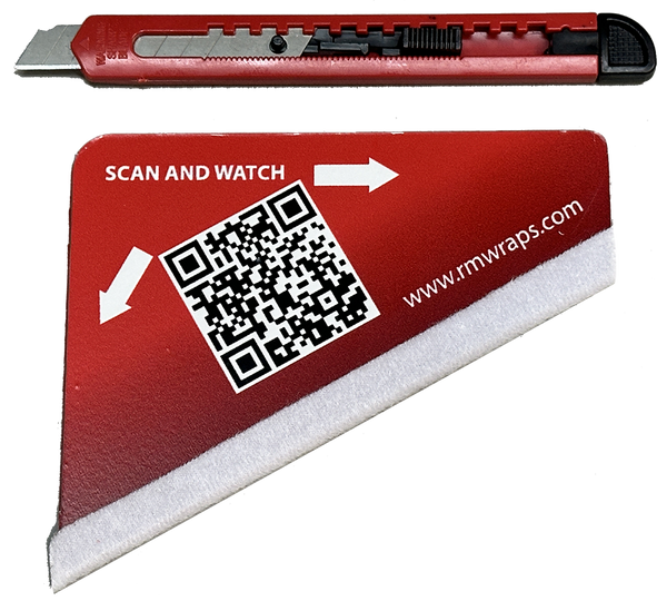 Red car wrap tool with QR code and website URL on a white background