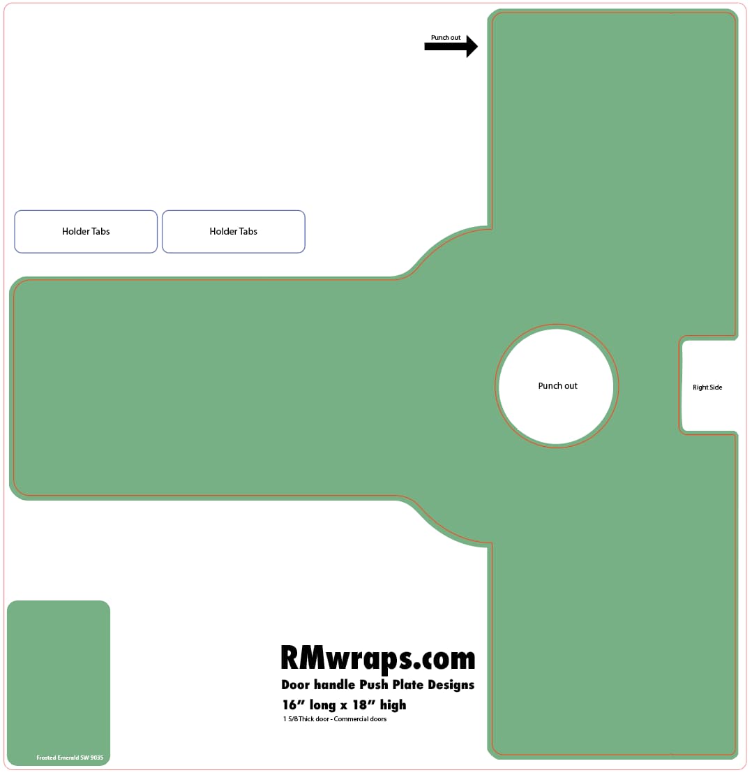 Green push plate design template with text and dimensions on a white background