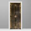 Decorative metal door with intricate lattice design on a gray background