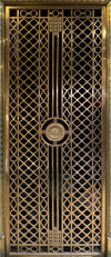Decorative metal grille with a central emblem on a dark background
