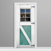 White-framed door with teal panel on a gray background