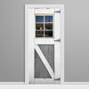 Wooden door with glass panel and white frame on a gray background