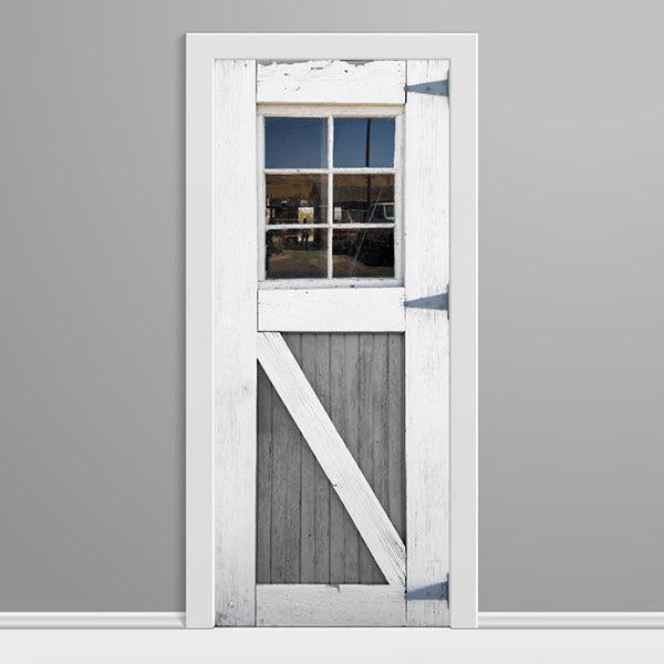 Wooden door with glass panel and white frame on a gray background