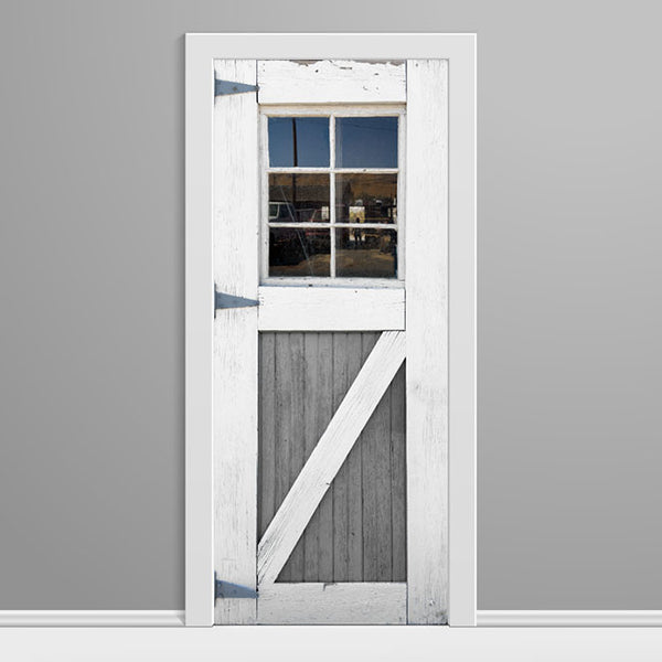 Wooden sliding door with white frame on a gray background