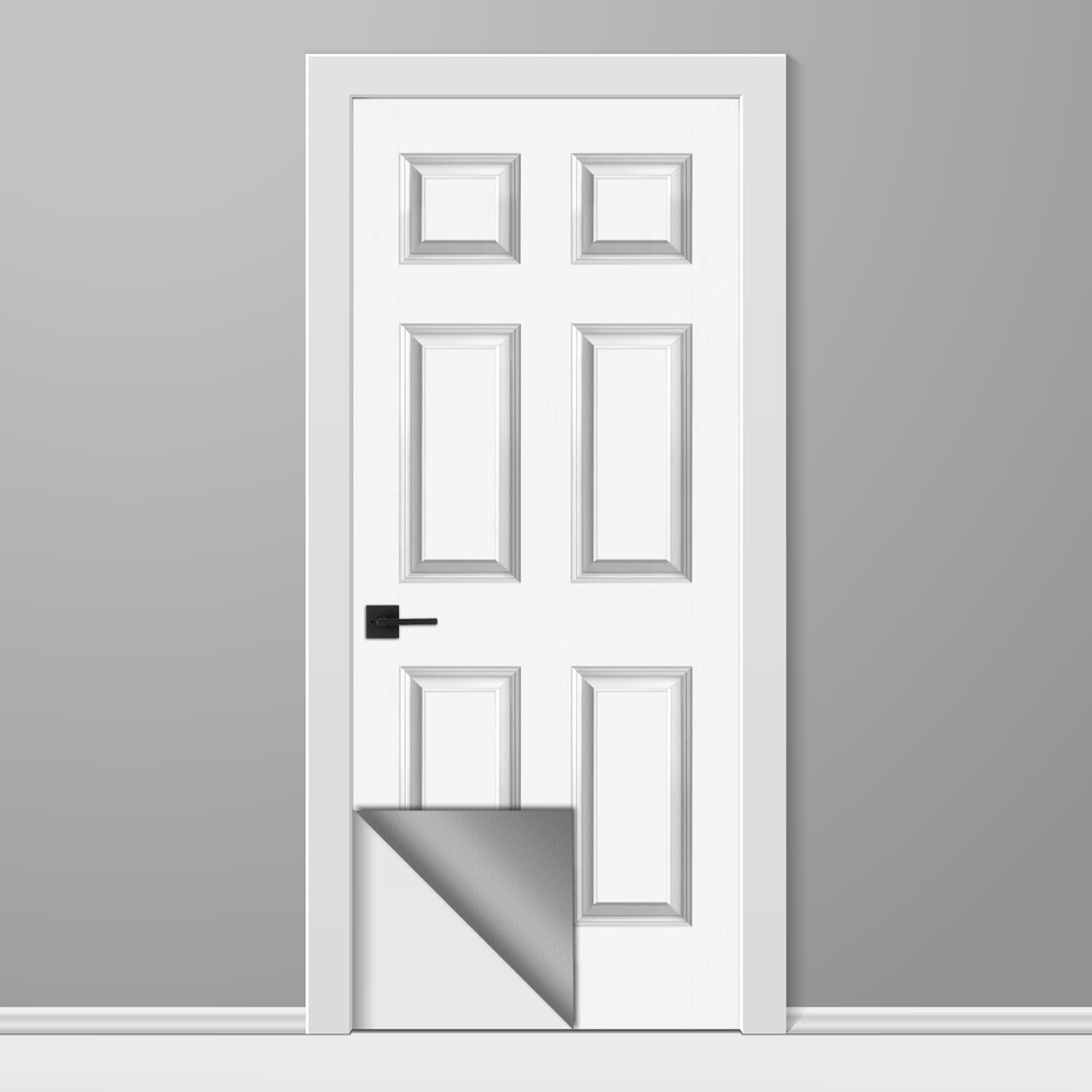 White door with a black handle on a gray background