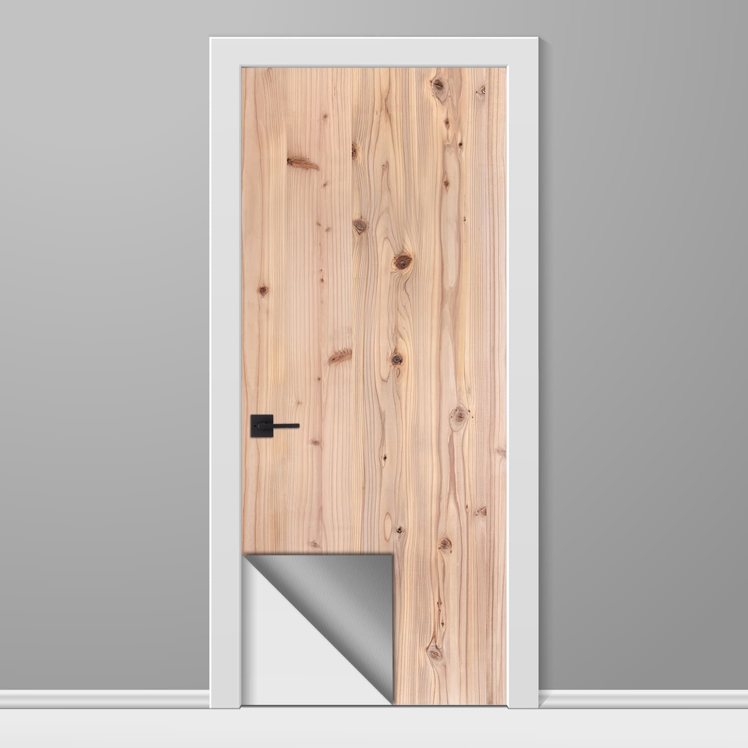 Wooden door with a white frame and gray floor against a gray wall