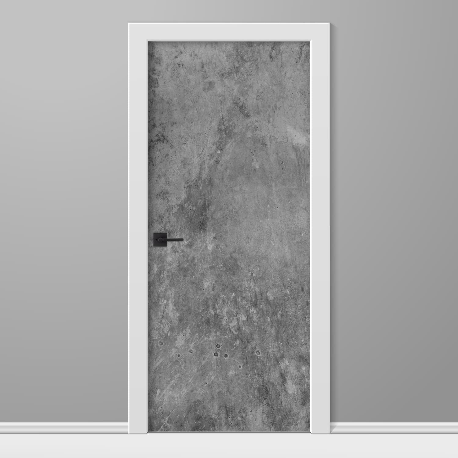 Door with gray textured design and white frame on a gray wall