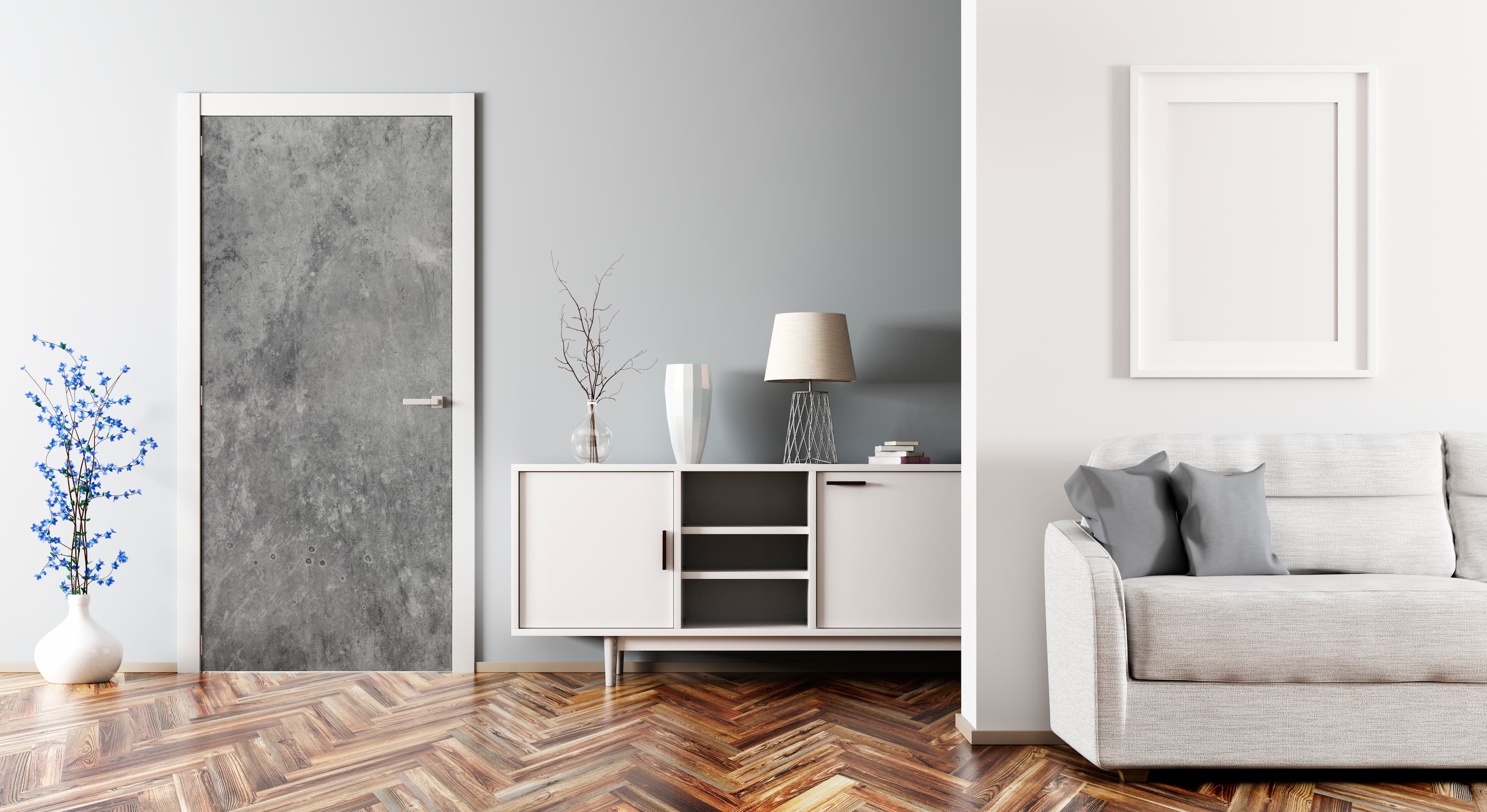 Modern living room with gray sofa, white cabinet, and decorative elements.