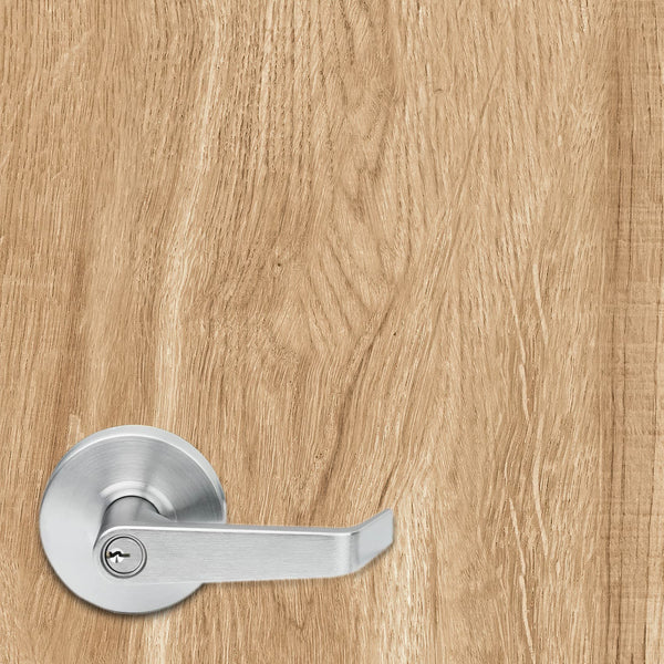 Metal door handle on a wooden door