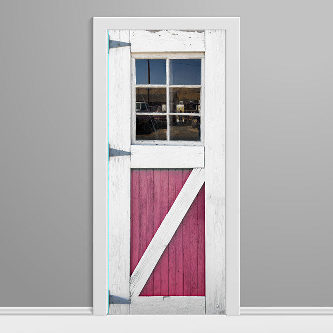 Barn door with Red interior and white exterior on a gray background