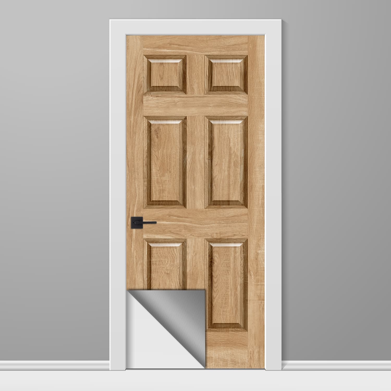 Wooden door with a white frame on a gray background